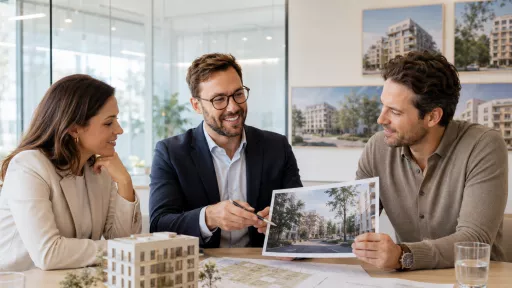 Couple pr&eacute;sentant des images de leur bien immobilier &agrave; vendre &agrave; un promoteur