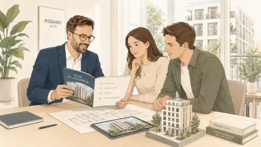 Illustration d'un promoteur pr&eacute;sentant les &eacute;tapes d'achat dans le neuf &agrave; ses clients